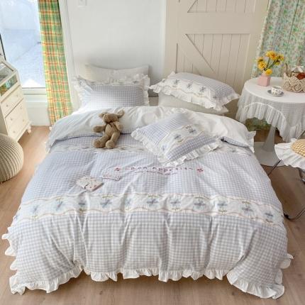 91家纺网 家纺一手货源 找家纺 （总）柚子 2021新款60支格子水洗棉绣花四件套