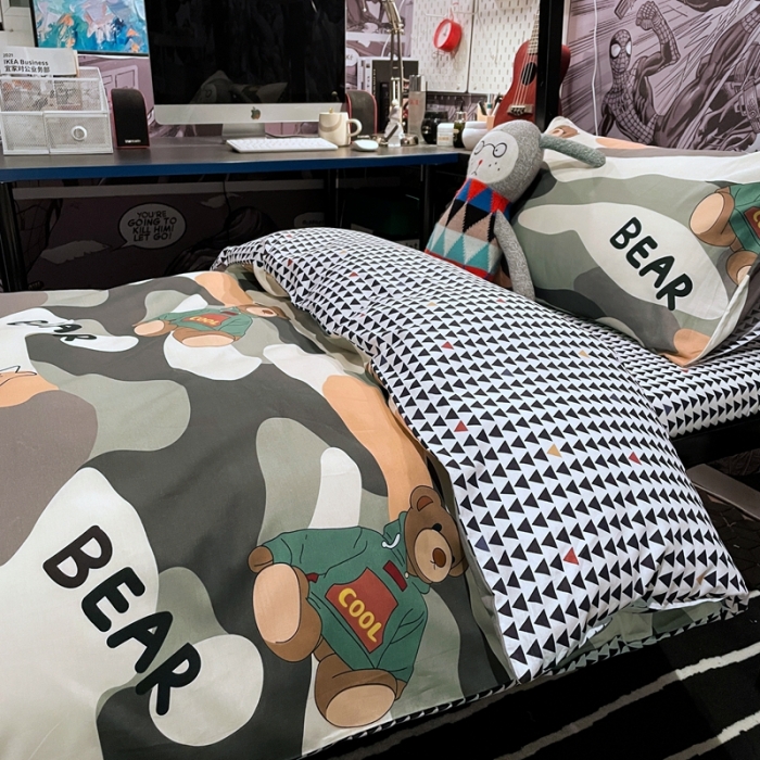 91家纺网 家纺一手货源 找家纺 HL原创 2021新款学生宿舍四件套 迷彩熊