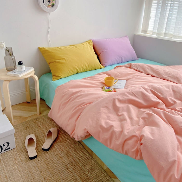 91家纺网 家纺一手货源 找家纺 雅居纺家纺 2022新款全棉水洗棉四件套 ins粉蓝