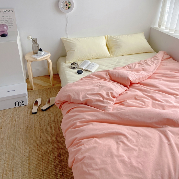 91家纺网 家纺一手货源 找家纺 雅居纺家纺 2022新款全棉水洗棉四件套 ins粉米黄