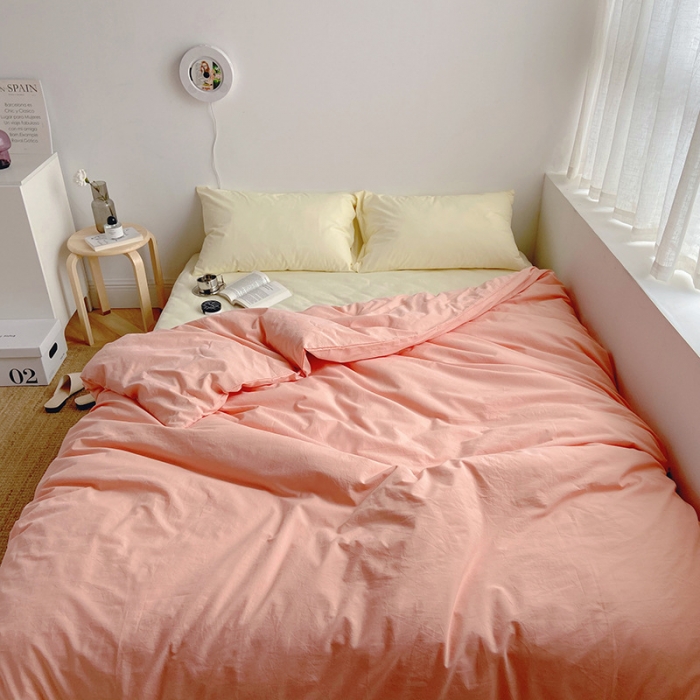 91家纺网 家纺一手货源 找家纺 雅居纺家纺 2022新款全棉水洗棉四件套 ins粉米黄