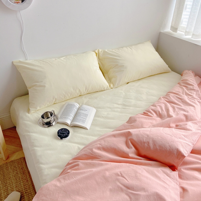 91家纺网 家纺一手货源 找家纺 雅居纺家纺 2022新款全棉水洗棉四件套 ins粉米黄