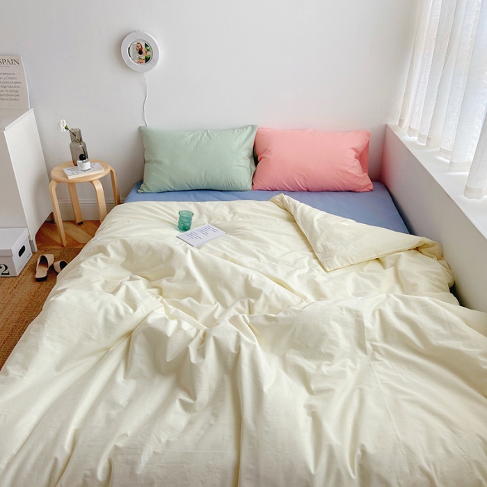 91家纺网 家纺一手货源 找家纺 雅居纺家纺 2022新款全棉水洗棉四件套 ins米黄蓝