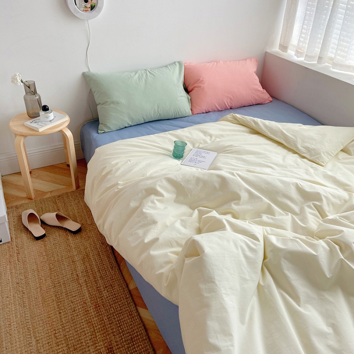 91家纺网 家纺一手货源 找家纺 雅居纺家纺 2022新款全棉水洗棉四件套 ins米黄蓝