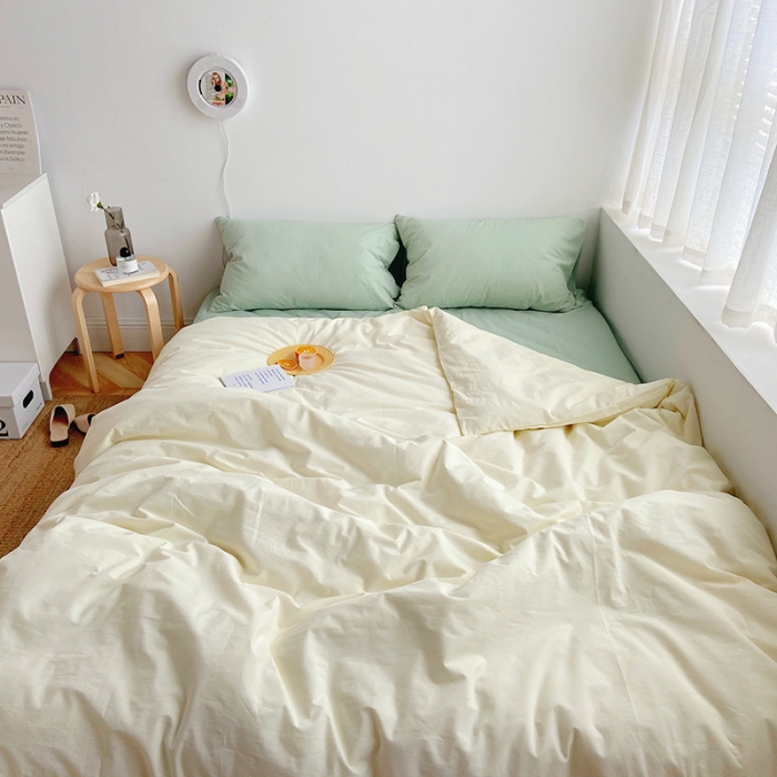 91家纺网 家纺一手货源 找家纺 雅居纺家纺 2022新款全棉水洗棉四件套 ins米黄水绿