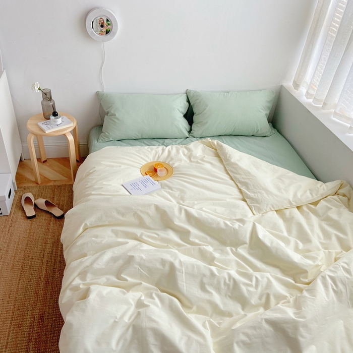 91家纺网 家纺一手货源 找家纺 雅居纺家纺 2022新款全棉水洗棉四件套 ins米黄水绿