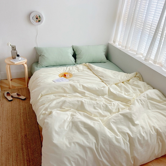 91家纺网 家纺一手货源 找家纺 雅居纺家纺 2022新款全棉水洗棉四件套 ins米黄水绿