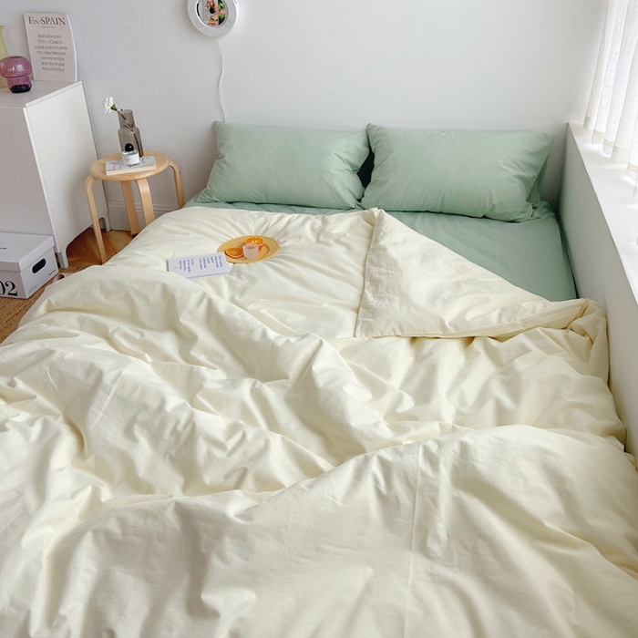 91家纺网 家纺一手货源 找家纺 雅居纺家纺 2022新款全棉水洗棉四件套 ins米黄水绿