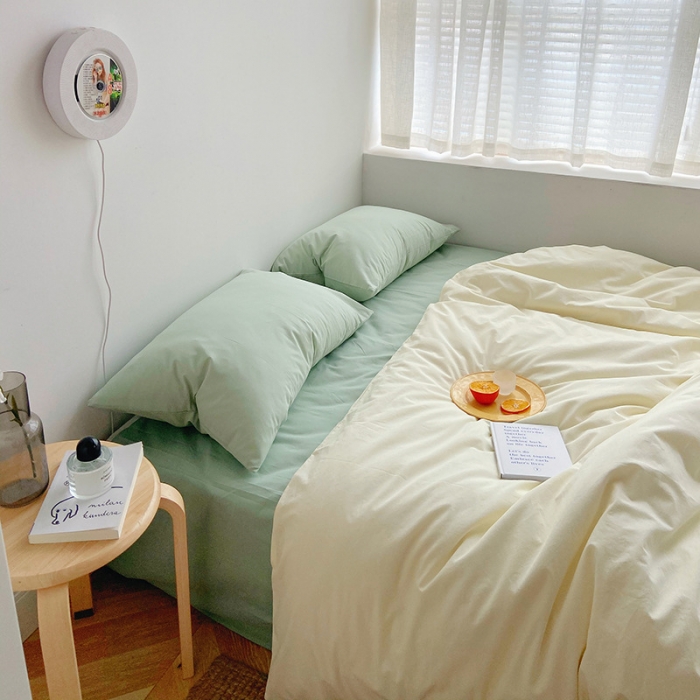 91家纺网 家纺一手货源 找家纺 雅居纺家纺 2022新款全棉水洗棉四件套 ins米黄水绿