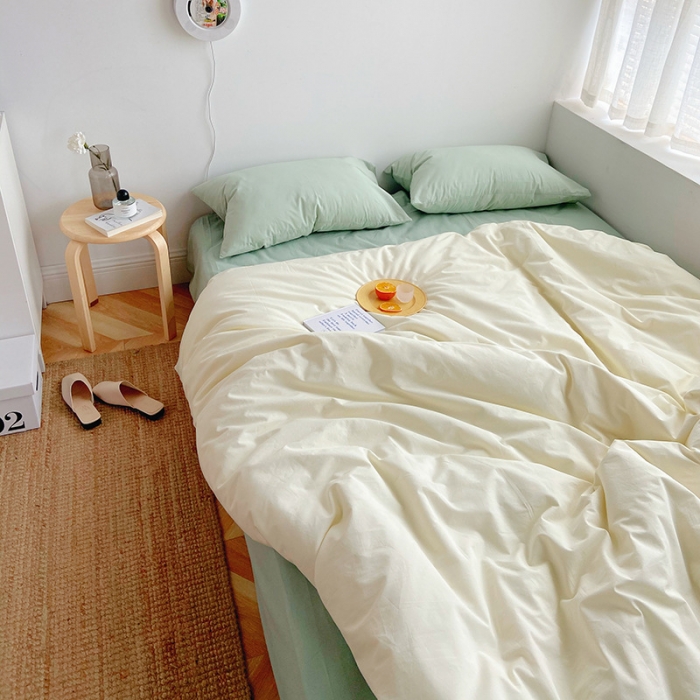 91家纺网 家纺一手货源 找家纺 雅居纺家纺 2022新款全棉水洗棉四件套 ins米黄水绿