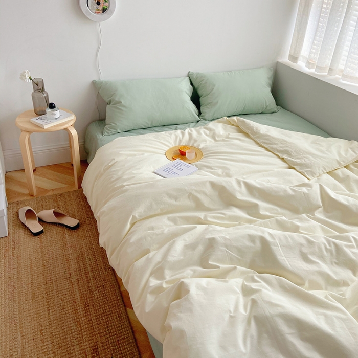 91家纺网 家纺一手货源 找家纺 雅居纺家纺 2022新款全棉水洗棉四件套 ins米黄水绿