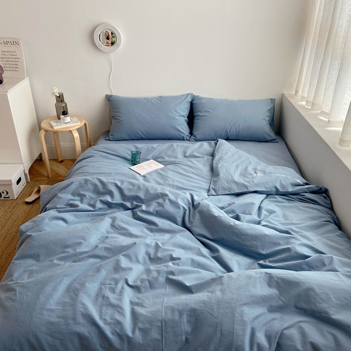 91家纺网 家纺一手货源 找家纺 雅居纺家纺 2022新款全棉水洗棉四件套 ins浅蓝