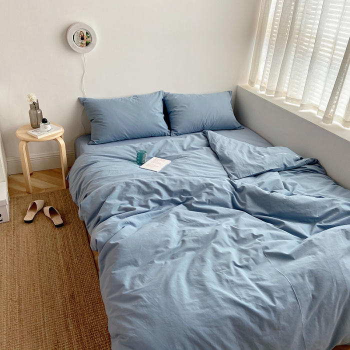 91家纺网 家纺一手货源 找家纺 雅居纺家纺 2022新款全棉水洗棉四件套 ins浅蓝