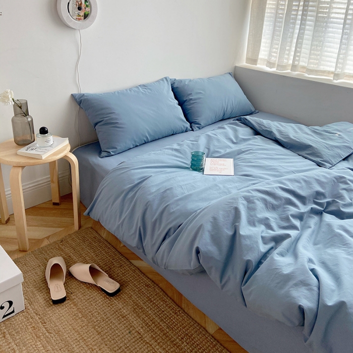 91家纺网 家纺一手货源 找家纺 雅居纺家纺 2022新款全棉水洗棉四件套 ins浅蓝