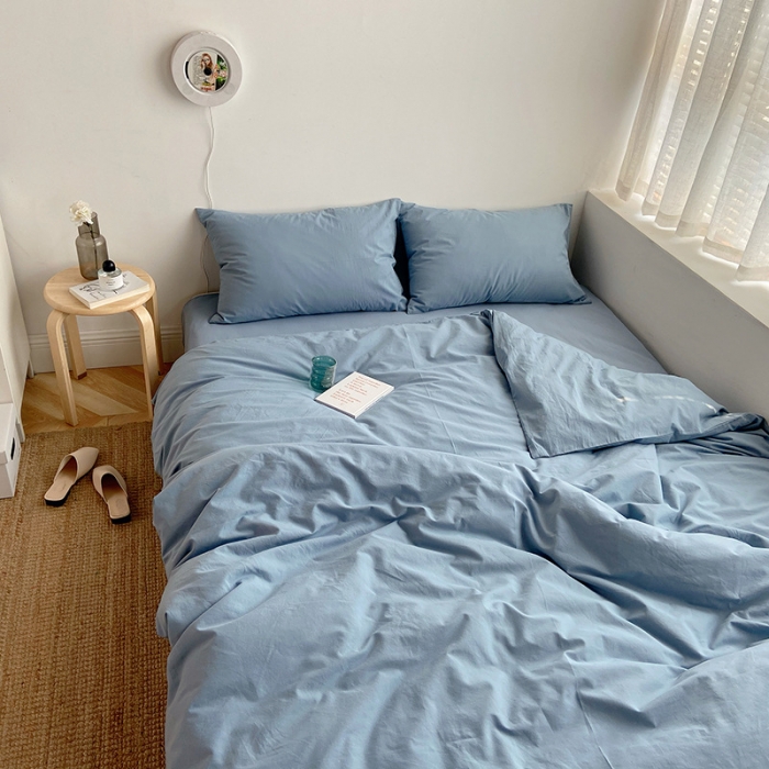 91家纺网 家纺一手货源 找家纺 雅居纺家纺 2022新款全棉水洗棉四件套 ins浅蓝