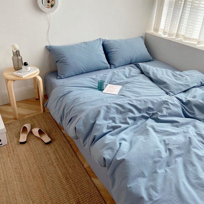 91家纺网 家纺一手货源 找家纺 雅居纺家纺 2022新款全棉水洗棉四件套 ins浅蓝