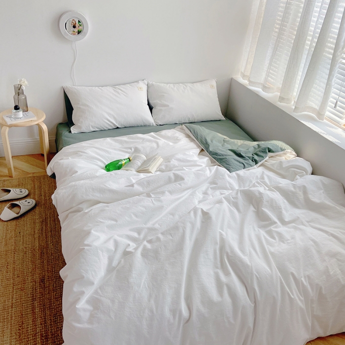 91家纺网 家纺一手货源 找家纺 雅居纺家纺 2022新款全棉水洗棉四件套 白+墨子绿