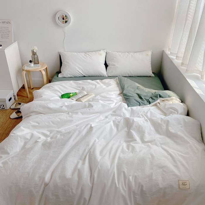 91家纺网 家纺一手货源 找家纺 雅居纺家纺 2022新款全棉水洗棉四件套 白+墨子绿