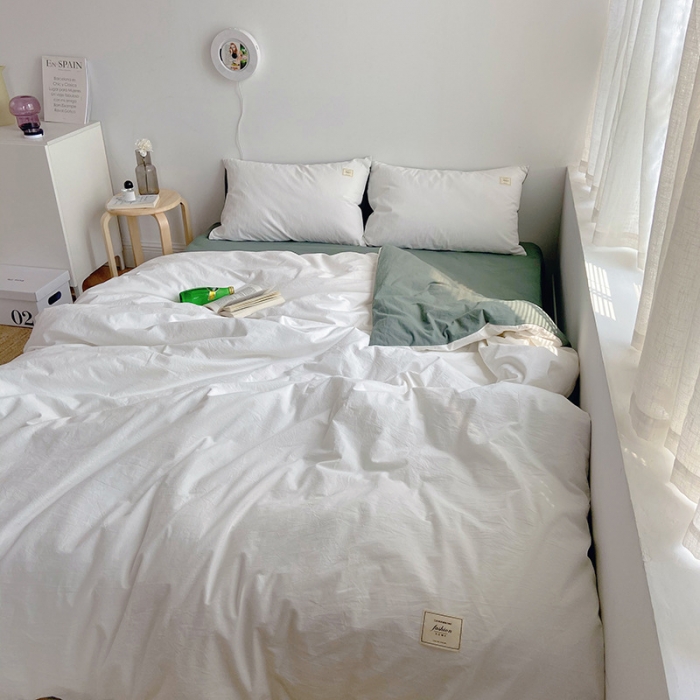 91家纺网 家纺一手货源 找家纺 雅居纺家纺 2022新款全棉水洗棉四件套 白+墨子绿