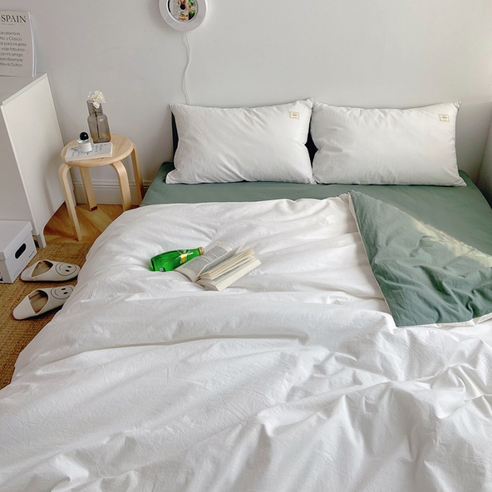 91家纺网 家纺一手货源 找家纺 雅居纺家纺 2022新款全棉水洗棉四件套 白+墨子绿