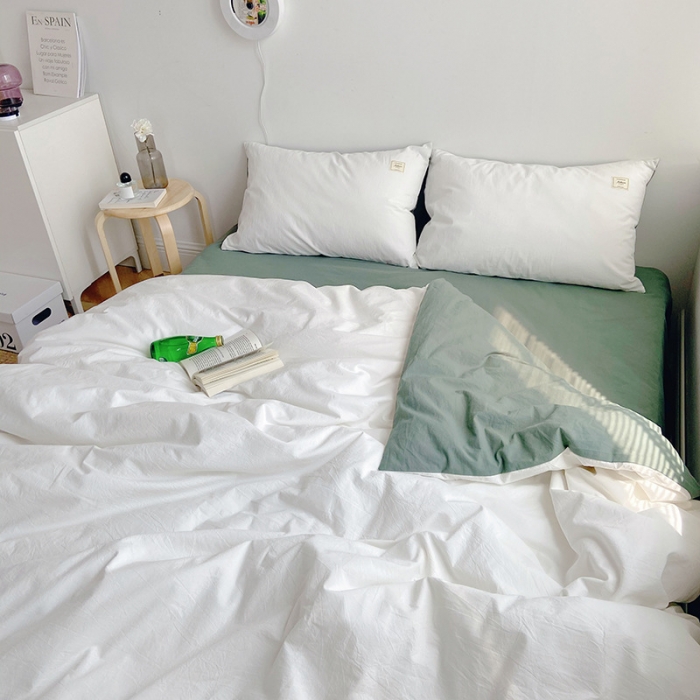 91家纺网 家纺一手货源 找家纺 雅居纺家纺 2022新款全棉水洗棉四件套 白+墨子绿