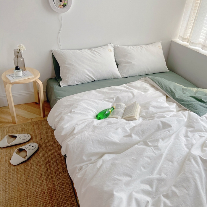 91家纺网 家纺一手货源 找家纺 雅居纺家纺 2022新款全棉水洗棉四件套 白+墨子绿