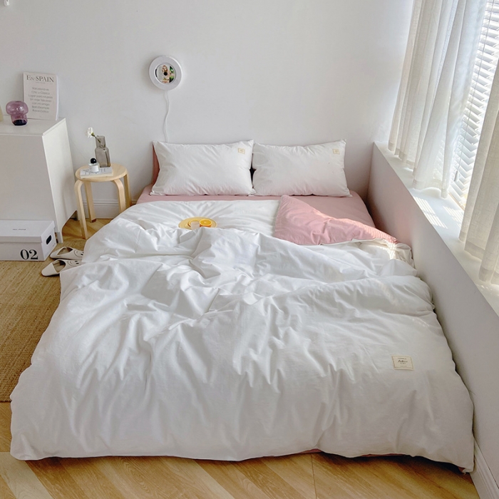 91家纺网 家纺一手货源 找家纺 雅居纺家纺 2022新款全棉水洗棉四件套 白+绅士红