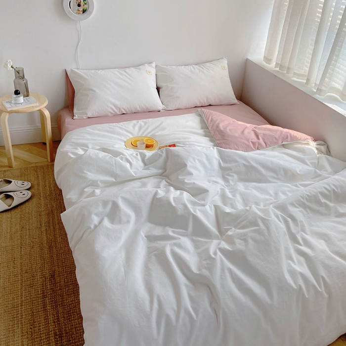 91家纺网 家纺一手货源 找家纺 雅居纺家纺 2022新款全棉水洗棉四件套 白+绅士红