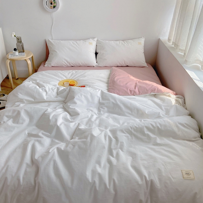 91家纺网 家纺一手货源 找家纺 雅居纺家纺 2022新款全棉水洗棉四件套 白+绅士红