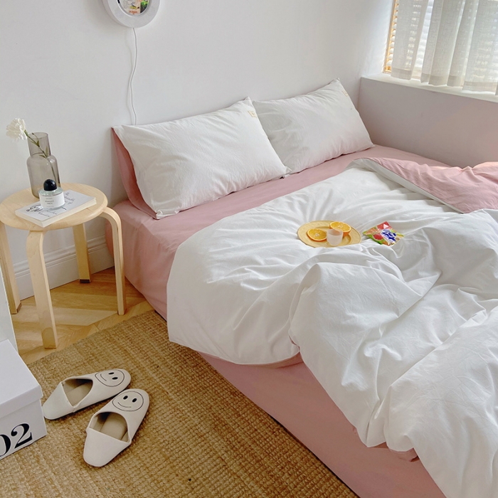 91家纺网 家纺一手货源 找家纺 雅居纺家纺 2022新款全棉水洗棉四件套 白+绅士红