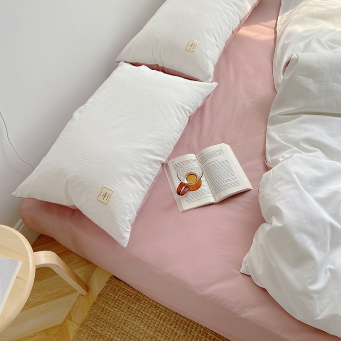 91家纺网 家纺一手货源 找家纺 雅居纺家纺 2022新款全棉水洗棉四件套 白+绅士红