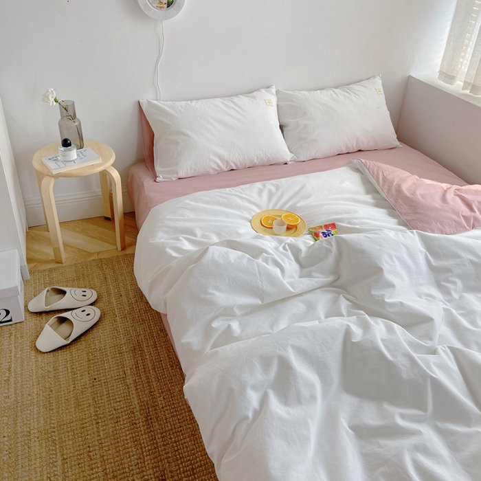 91家纺网 家纺一手货源 找家纺 雅居纺家纺 2022新款全棉水洗棉四件套 白+绅士红