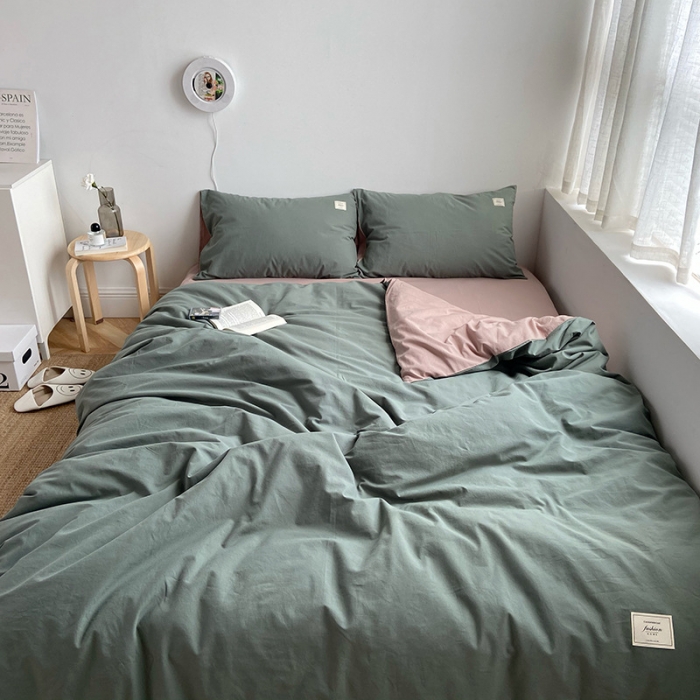 91家纺网 家纺一手货源 找家纺 雅居纺家纺 2022新款全棉水洗棉四件套 墨子绿卡其