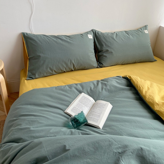 91家纺网 家纺一手货源 找家纺 雅居纺家纺 2022新款全棉水洗棉四件套 墨子绿绅士黄