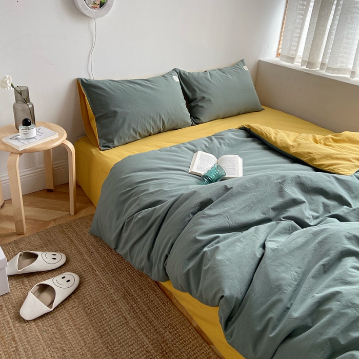 91家纺网 家纺一手货源 找家纺 雅居纺家纺 2022新款全棉水洗棉四件套 墨子绿绅士黄