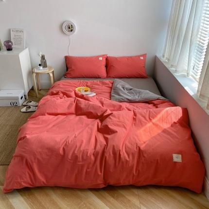 雅居纺家纺 2022新款全棉水洗棉四件套 珊瑚红绅士灰
