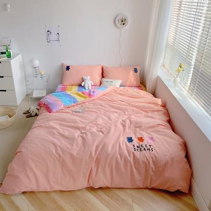 雅居纺家纺 2022新款全棉水洗棉绣花四件套 彩虹熊