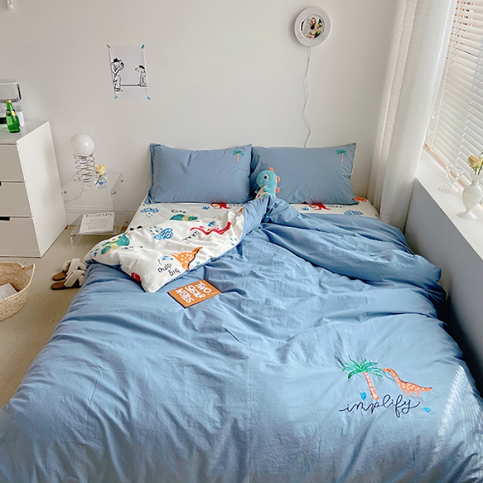 91家纺网 家纺一手货源 找家纺 雅居纺家纺 2022新款全棉水洗棉绣花四件套 丛林恐龙