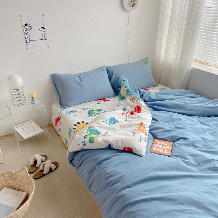 91家纺网 家纺一手货源 找家纺 雅居纺家纺 2022新款全棉水洗棉绣花四件套 丛林恐龙