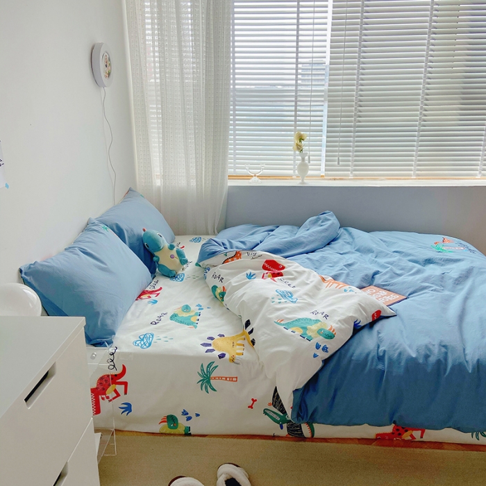 91家纺网 家纺一手货源 找家纺 雅居纺家纺 2022新款全棉水洗棉绣花四件套 丛林恐龙