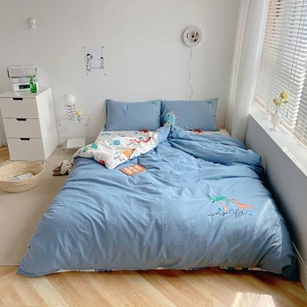 雅居纺家纺 2022新款全棉水洗棉绣花四件套 丛林恐龙