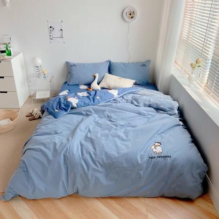 雅居纺家纺 2022新款全棉水洗棉绣花四件套 可爱鸭