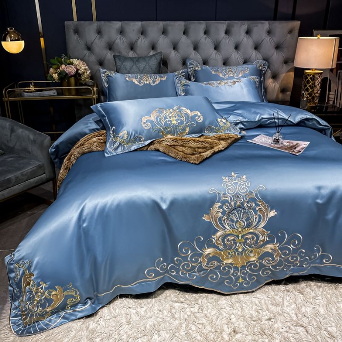 91家纺网 家纺一手货源 找家纺 宏羽纺2021款高支高密高精密贡缎全棉四件套 梦巴黎-宾利蓝