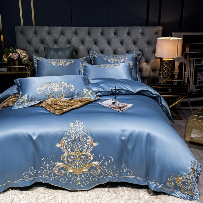 91家纺网 家纺一手货源 找家纺 宏羽纺2021款高支高密高精密贡缎全棉四件套 梦巴黎-宾利蓝