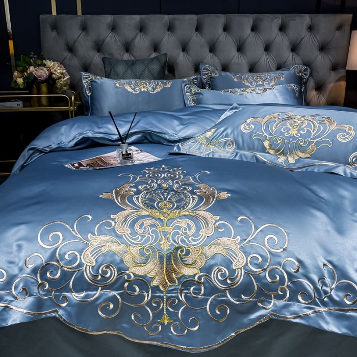 91家纺网 家纺一手货源 找家纺 宏羽纺2021款高支高密高精密贡缎全棉四件套 梦巴黎-宾利蓝