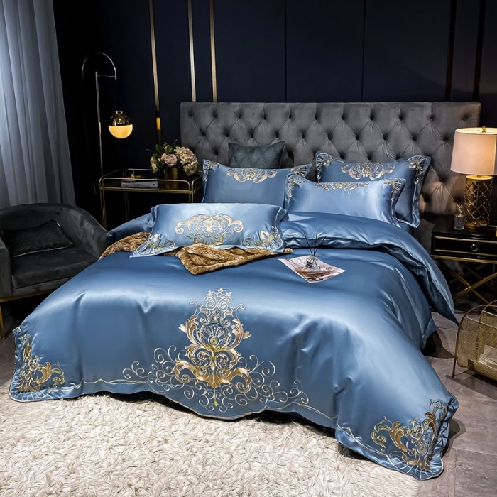 91家纺网 家纺一手货源 找家纺 宏羽纺2021款高支高密高精密贡缎全棉四件套 梦巴黎-宾利蓝