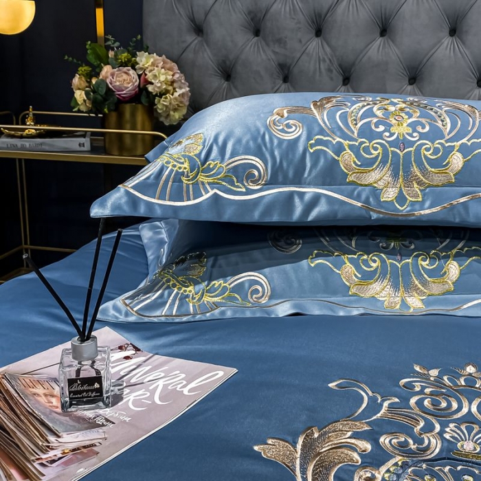 91家纺网 家纺一手货源 找家纺 宏羽纺2021款高支高密高精密贡缎全棉四件套 梦巴黎-宾利蓝