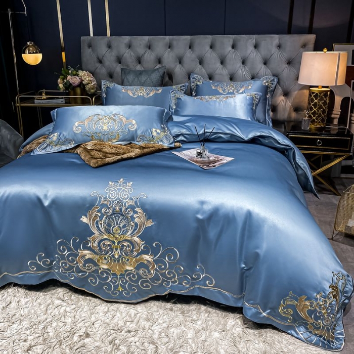 91家纺网 家纺一手货源 找家纺 宏羽纺2021款高支高密高精密贡缎全棉四件套 梦巴黎-宾利蓝