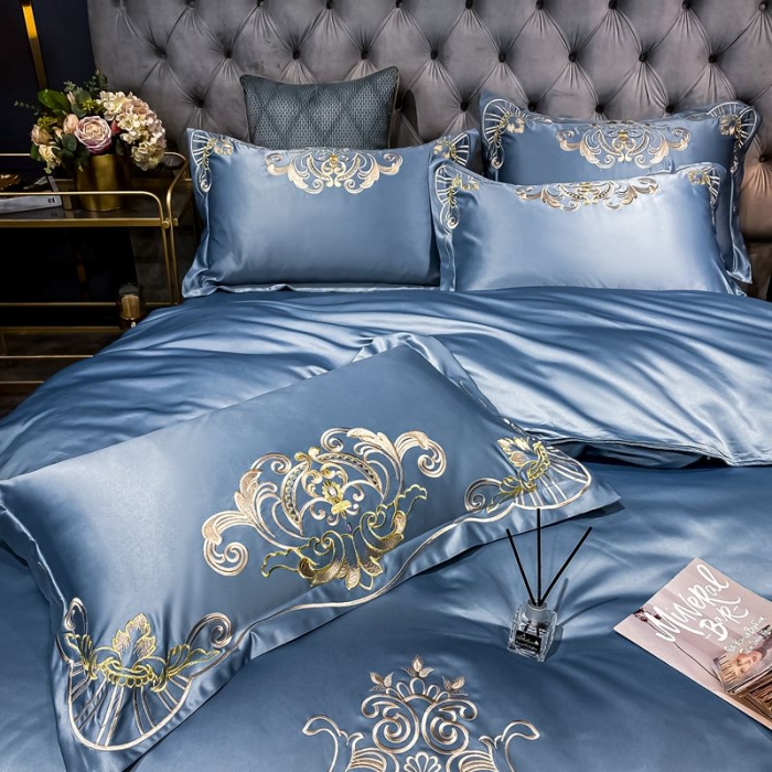 91家纺网 家纺一手货源 找家纺 宏羽纺2021款高支高密高精密贡缎全棉四件套 梦巴黎-宾利蓝