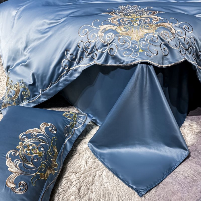 91家纺网 家纺一手货源 找家纺 宏羽纺2021款高支高密高精密贡缎全棉四件套 梦巴黎-宾利蓝